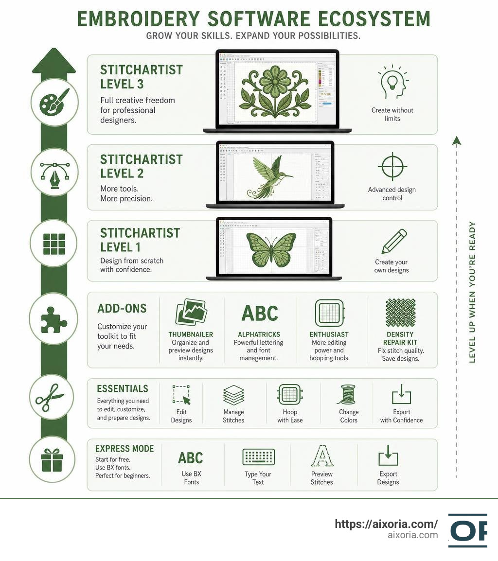 Embrilliance software ecosystem infographic showing product tiers from Express Mode to StitchArtist Level 3 infographic