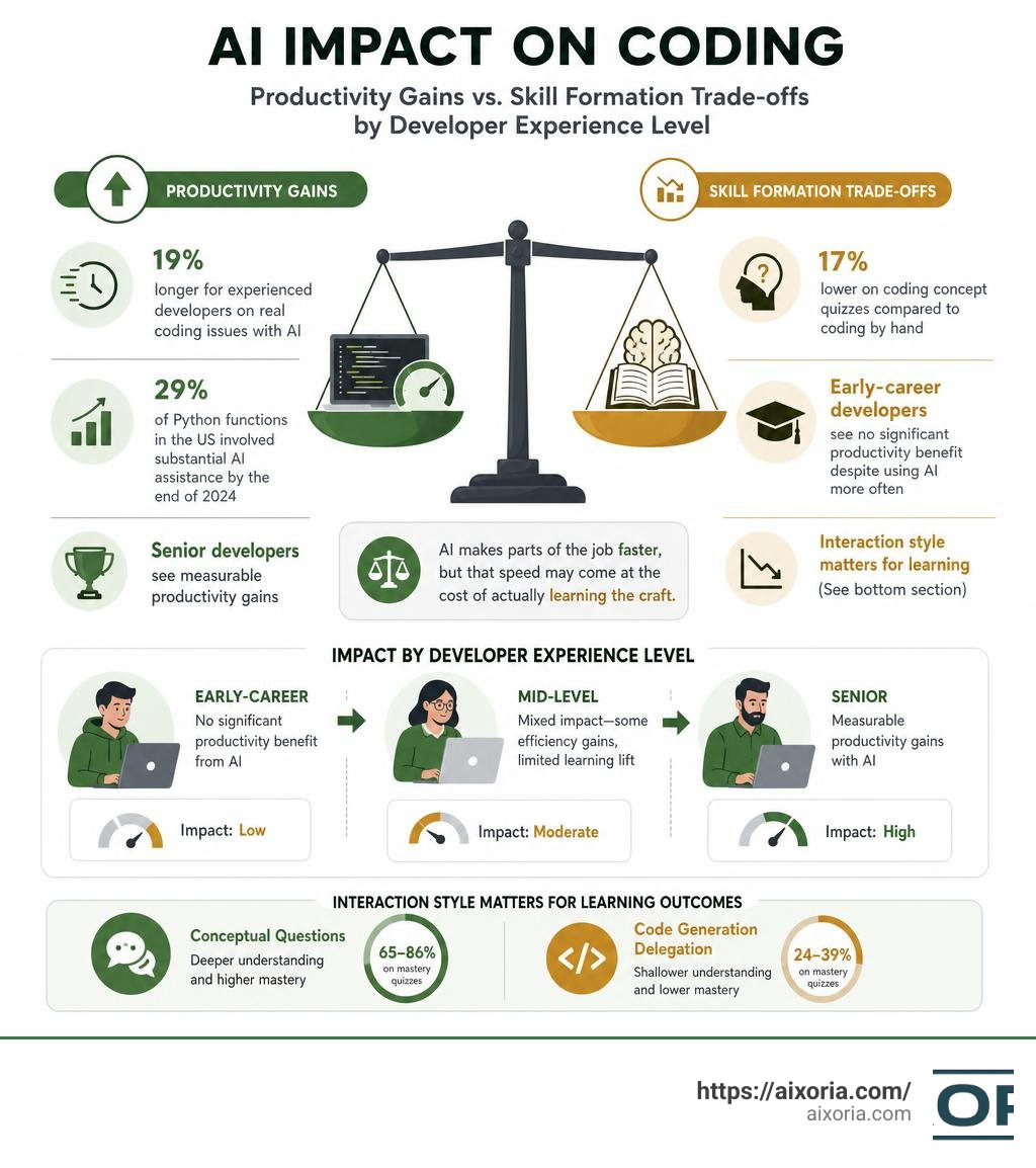 AI impact on coding: productivity gains vs skill formation trade-offs by developer experience level infographic