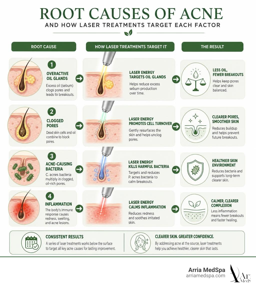 Root causes of acne and how laser treatments target each factor infographic Root Causes Of Acne And How Laser Treatments Target Each Factor Infographic
