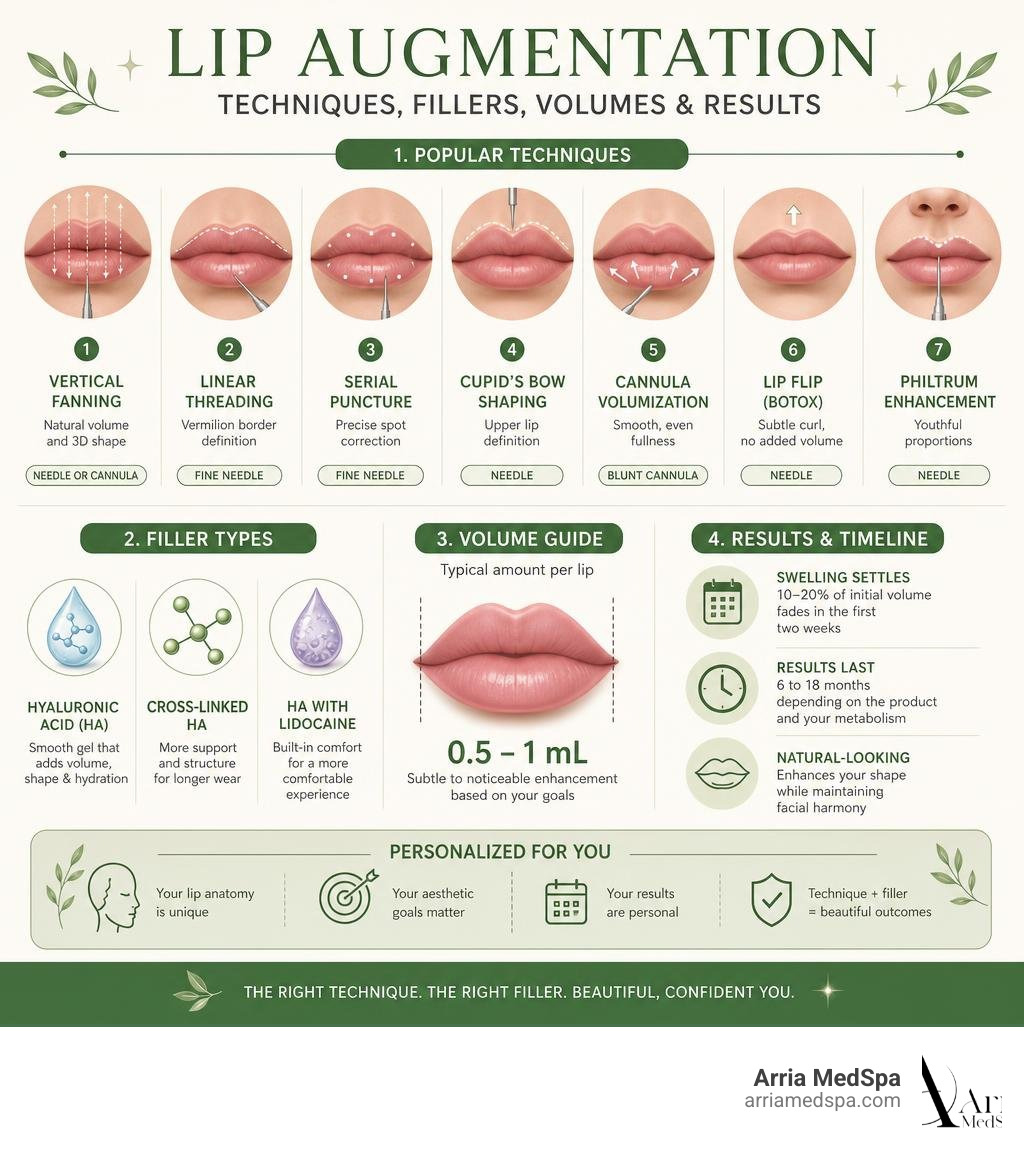 Overview Infographic Of Lip Augmentation Techniques, Filler Types, Volumes, And Expected Results Infographic