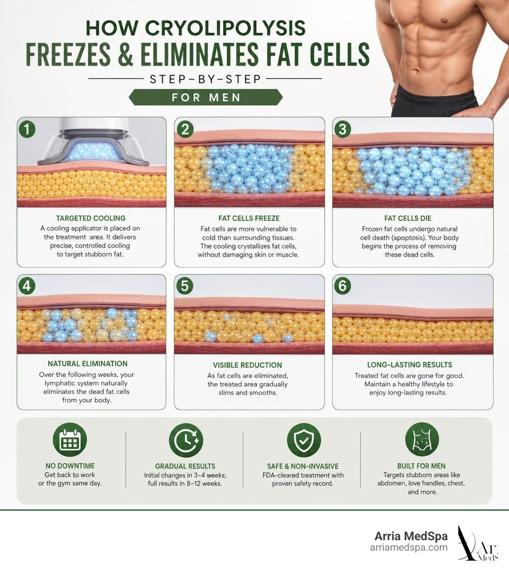 How Cryolipolysis Freezes And Eliminates Fat Cells In Men — Step-By-Step Infographic Infographic