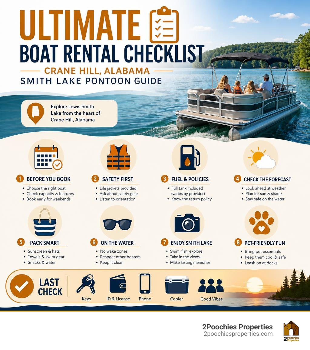Ultimate boat rental checklist for Crane Hill Alabama Smith Lake pontoon guide infographic Ultimate boat rental checklist for Crane Hill Alabama Smith Lake pontoon guide infographic