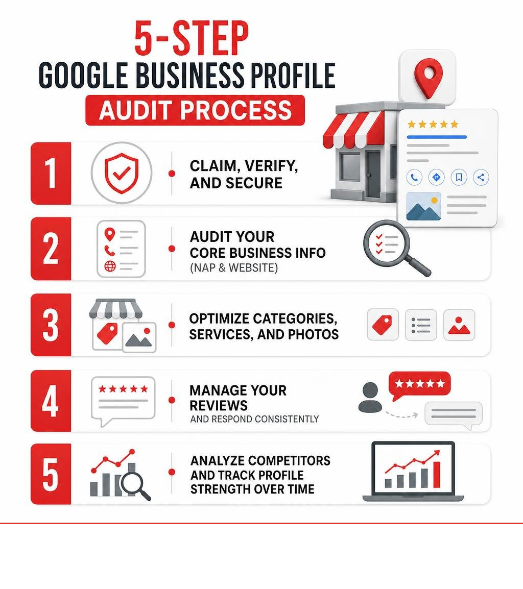 5-step Google Business Profile audit process infographic showing claim, NAP, categories, reviews, and competitor analysis 5-step Google Business Profile audit process infographic showing claim, NAP, categories, reviews, and competitor analysis