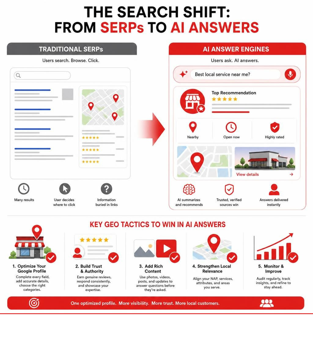 Infographics showing the shift from traditional SERPs to AI answer engines with key GEO tactics infographic Infographics showing the shift from traditional SERPs to AI answer engines with key GEO tactics infographic