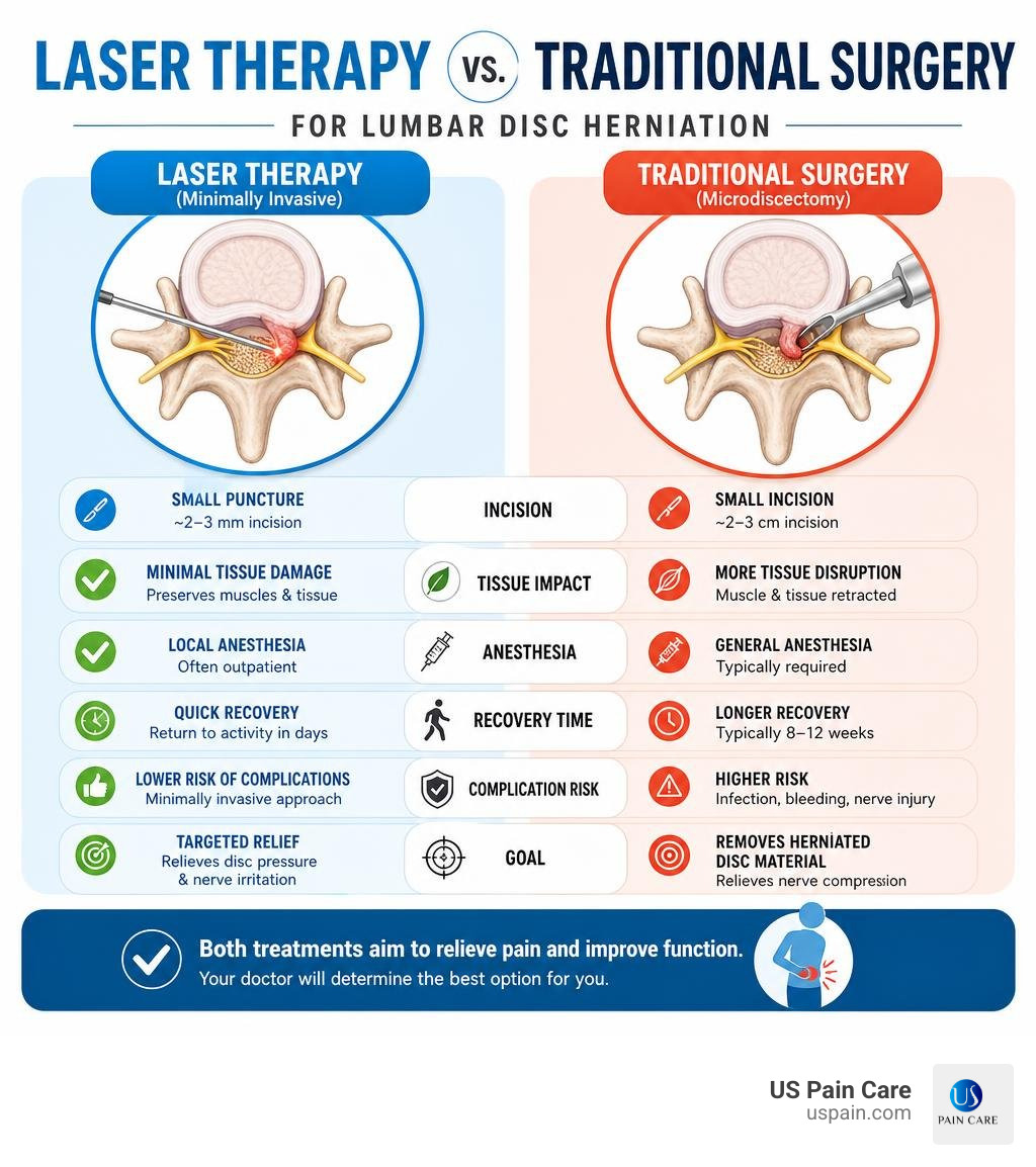 Laser therapy vs traditional surgery comparison infographic for lumbar disc herniation infographic