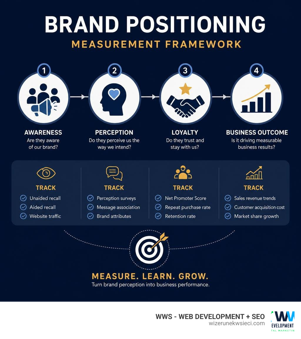 Brand positioning measurement framework showing awareness, perception, loyalty, and business outcome metrics infographic Brand positioning measurement framework showing awareness, perception, loyalty, and business outcome metrics infographic