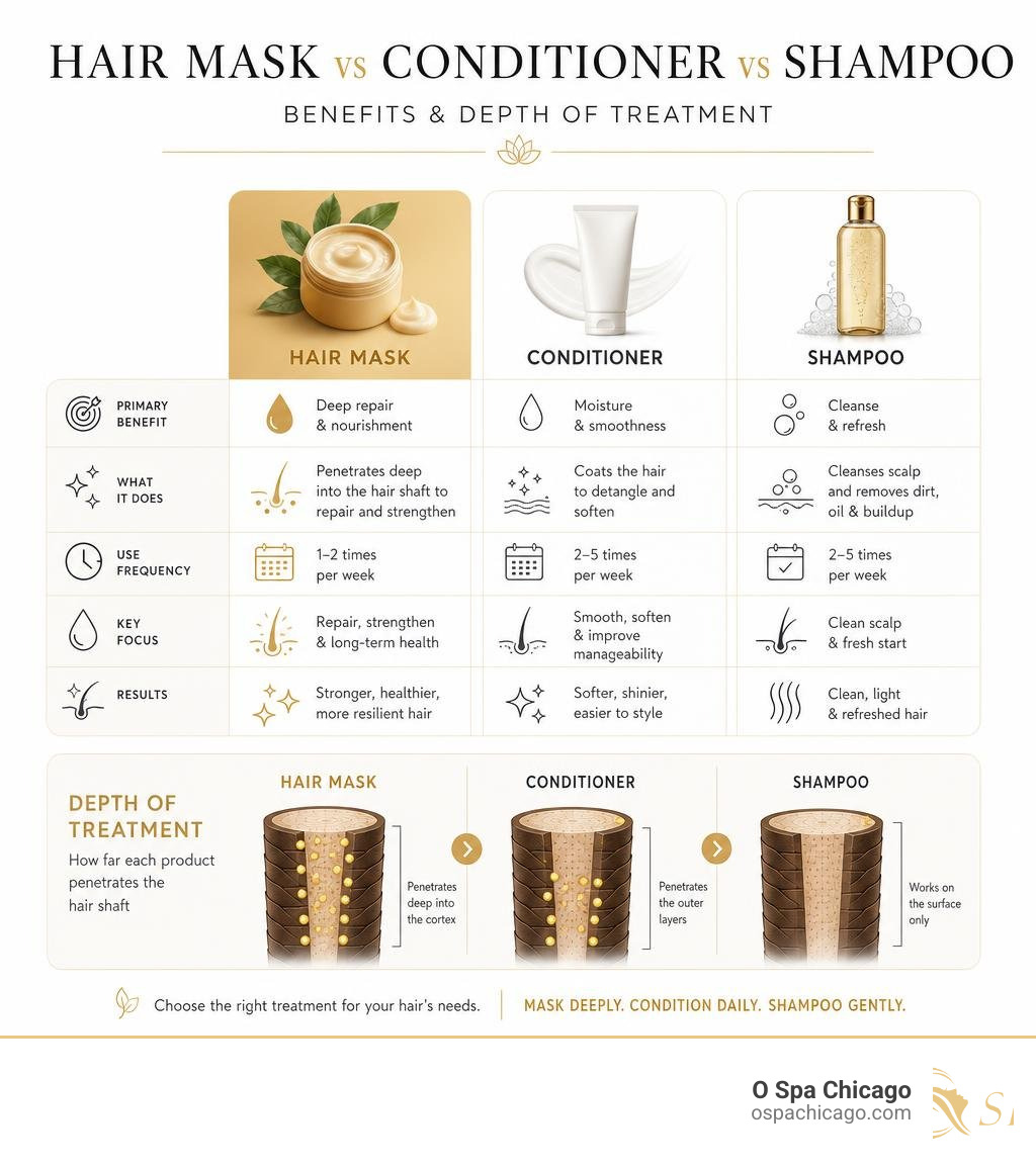 Infographic comparing hair mask vs conditioner vs shampoo benefits and depth of treatment infographic Infographic comparing hair mask vs conditioner vs shampoo benefits and depth of treatment infographic