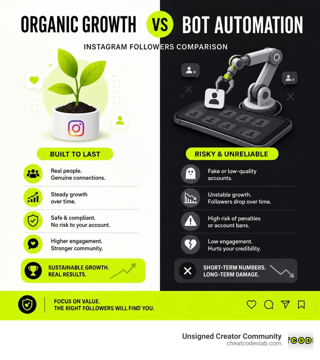 Organic growth vs bot automation for Instagram followers comparison infographic infographic