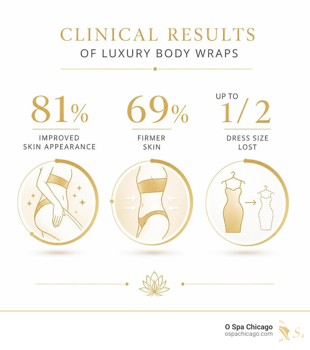 Infographic showing clinical results of luxury body wraps: 81% improved skin appearance, 69% firmer skin, up to 1/2 dress Infographic showing clinical results of luxury body wraps: 81% improved skin appearance, 69% firmer skin, up to 1/2 dress