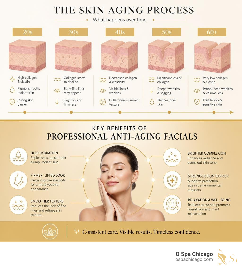 Infographic showing the skin aging process and key benefits of professional anti-aging facials infographic