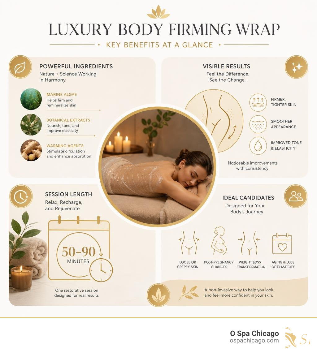 Luxury body firming wrap benefits infographic showing ingredients, results, session length, and ideal candidates infographic Luxury body firming wrap benefits infographic showing ingredients, results, session length, and ideal candidates infographic