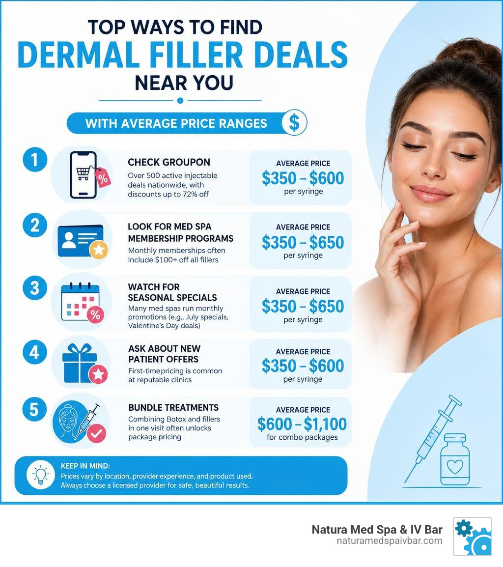 Infographic showing top ways to find dermal filler deals near you with average price ranges infographic Infographic showing top ways to find dermal filler deals near you with average price ranges infographic
