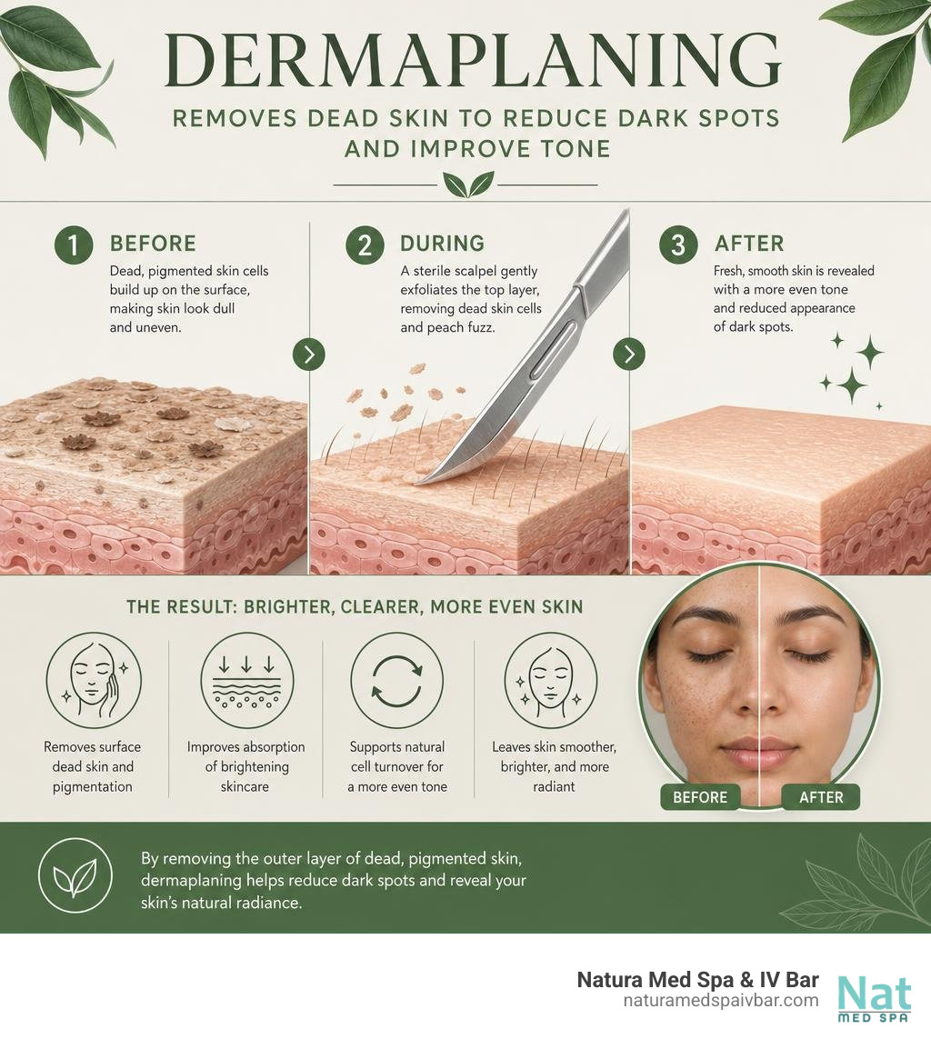 Infographic showing how dermaplaning removes dead skin layers to reduce dark spots and improve tone infographic Infographic showing how dermaplaning removes dead skin layers to reduce dark spots and improve tone infographic