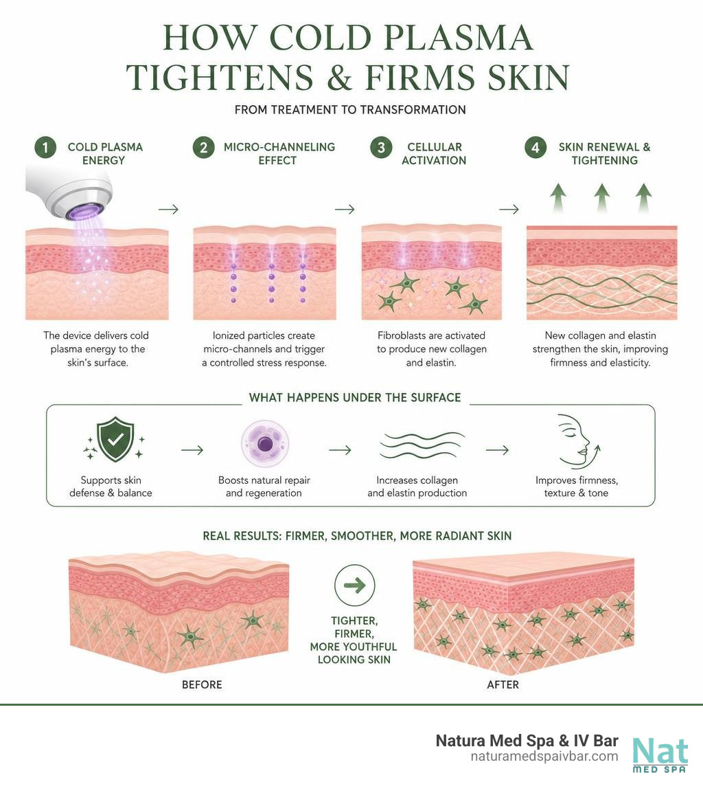 How cold plasma interacts with skin cells to stimulate collagen and tighten skin infographic How cold plasma interacts with skin cells to stimulate collagen and tighten skin infographic