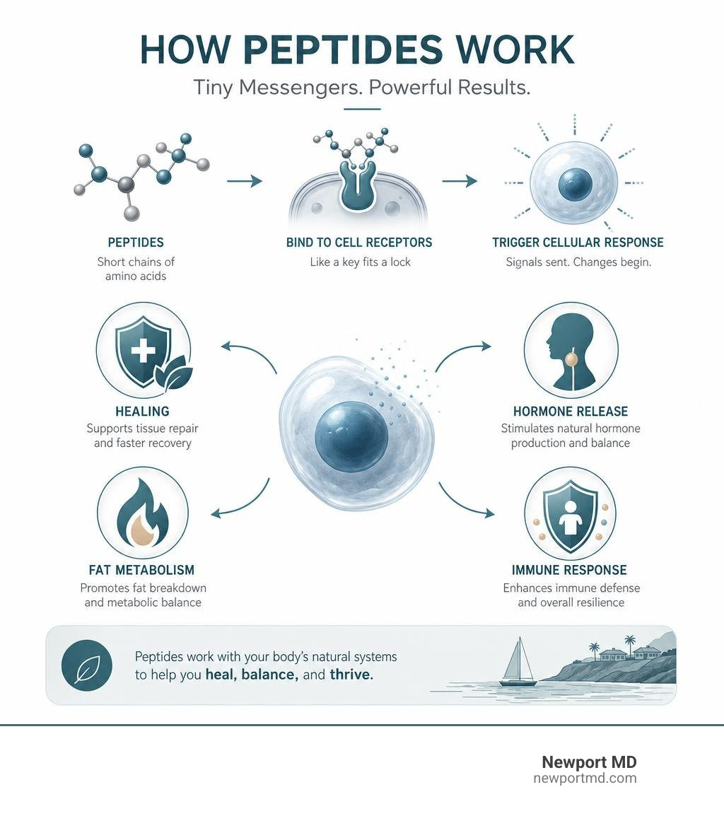 Infographic showing how peptides act as cellular messengers to trigger healing, hormone release, fat metabolism, and immune Infographic showing how peptides act as cellular messengers to trigger healing, hormone release, fat metabolism, and immune