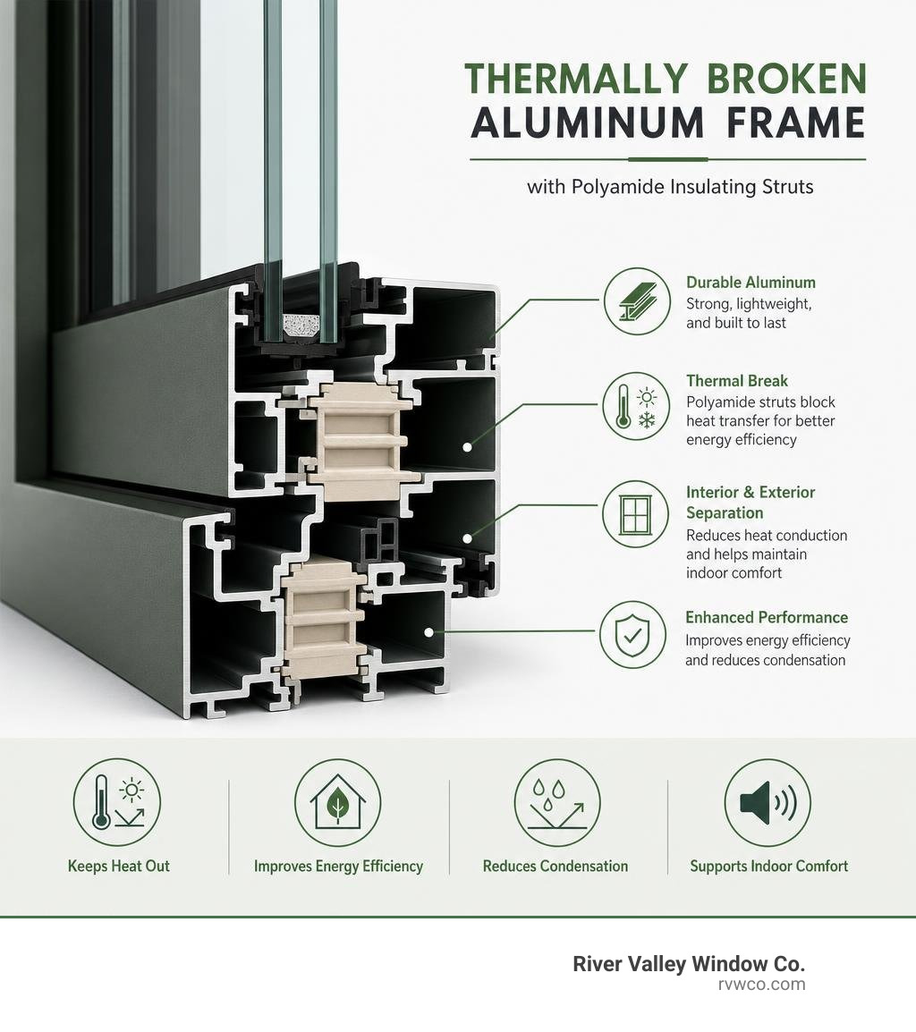 Graphic showing the cross-section of a thermally broken aluminum frame with polyamide insulating struts infographic Graphic showing the cross-section of a thermally broken aluminum frame with polyamide insulating struts infographic