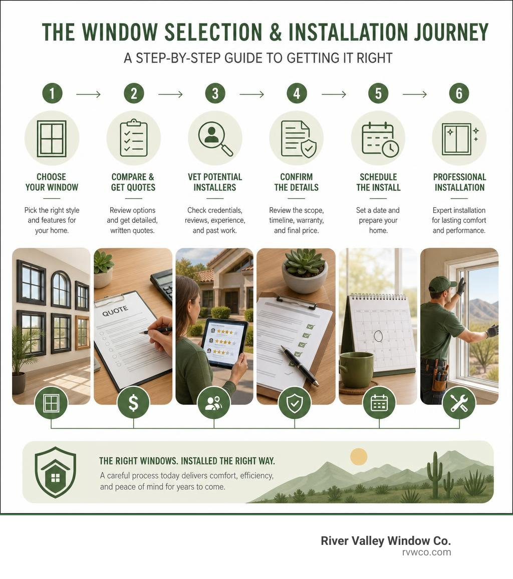 Step-by-step window selection process from type choice to installer vetting to final installation infographic Step-by-step window selection process from type choice to installer vetting to final installation infographic