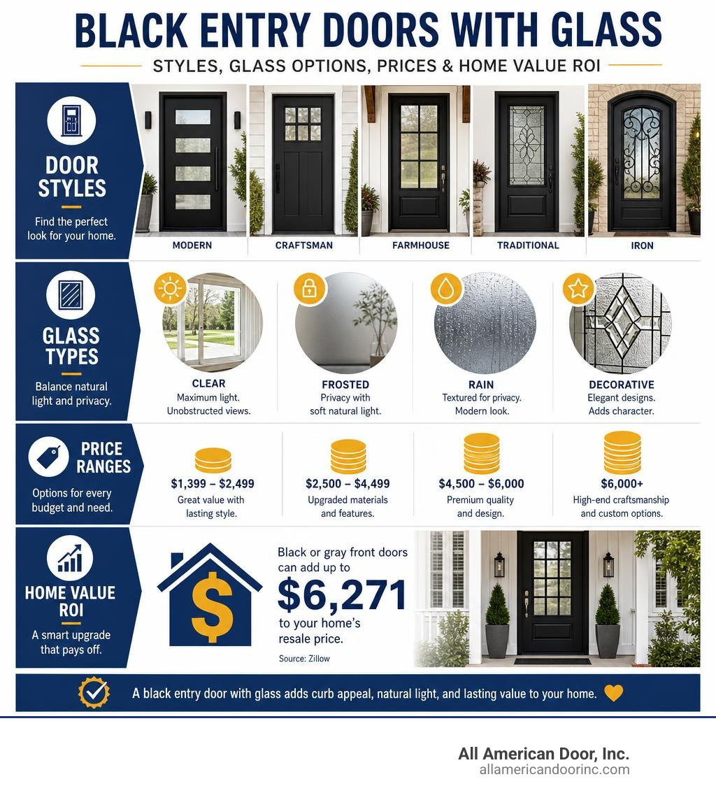 infographic showing black entry door styles, glass types, price ranges, and home value ROI infographic infographic showing black entry door styles, glass types, price ranges, and home value ROI infographic