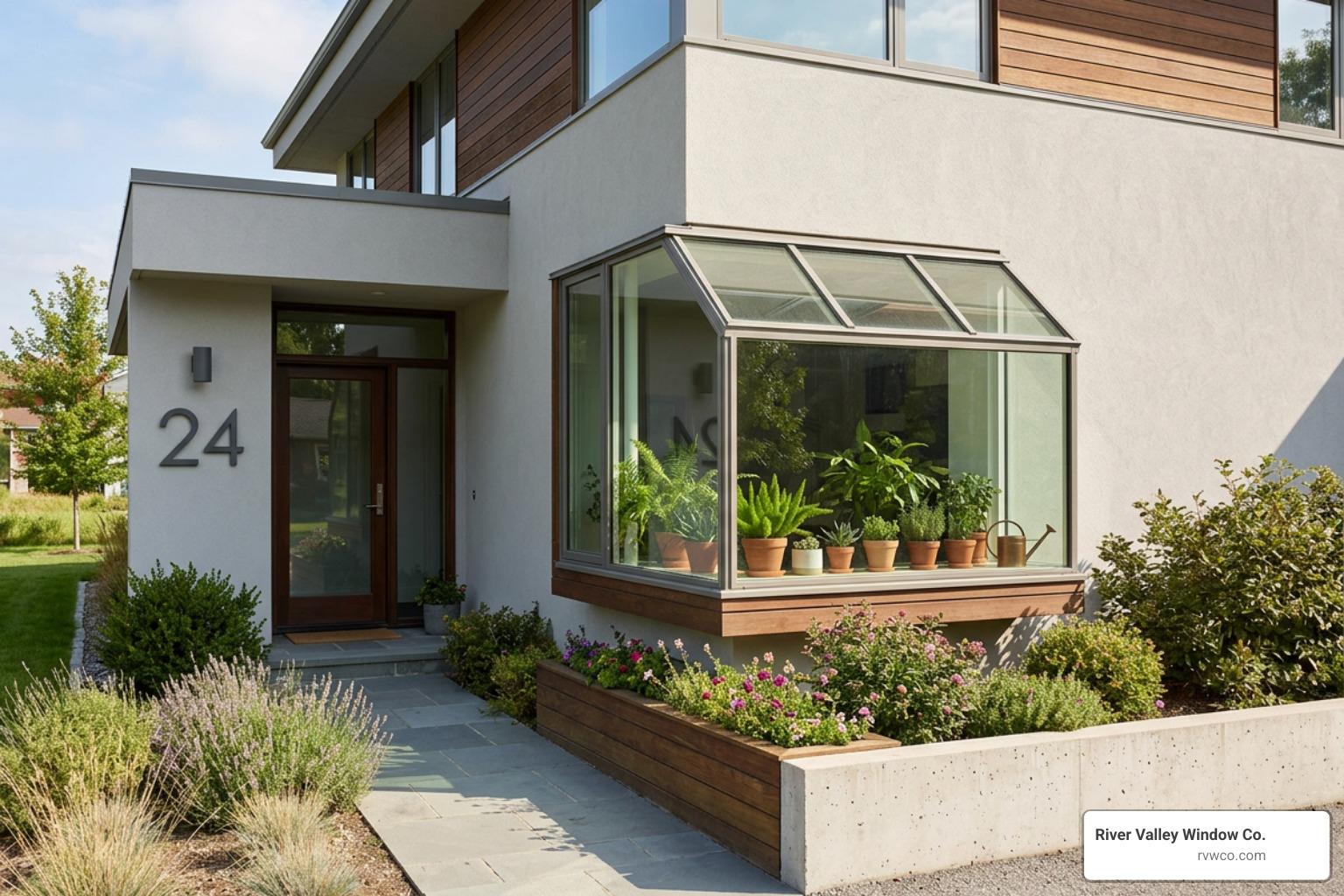 modern home exterior featuring a protruding garden window modern home exterior featuring a protruding garden window