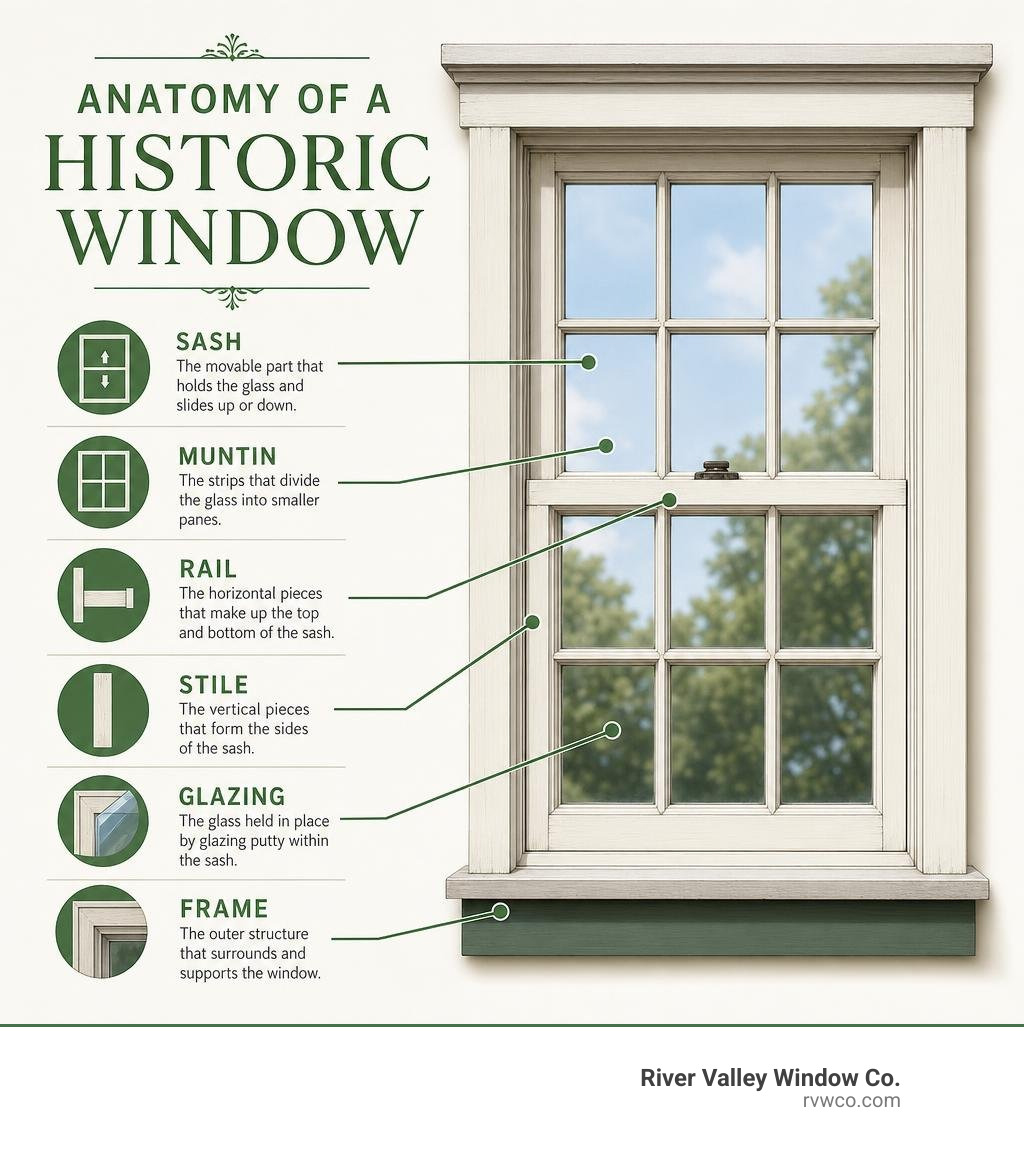 Anatomy of a historic window: parts labeled including sash, muntin, rail, stile, glazing, and frame infographic Anatomy of a historic window: parts labeled including sash, muntin, rail, stile, glazing, and frame infographic
