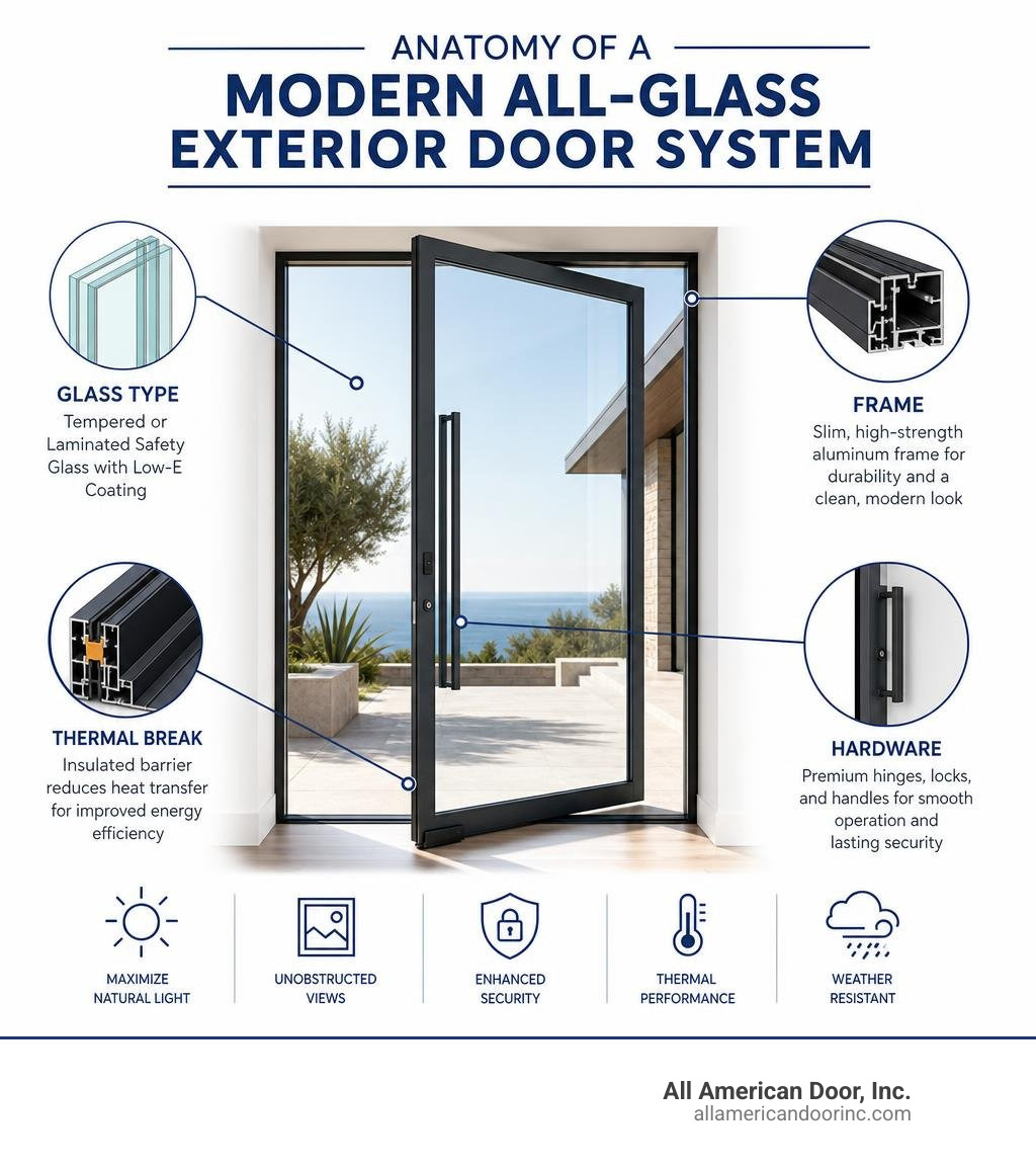 Anatomy of a modern all-glass exterior door system showing glass type, frame, thermal break, and hardware infographic Anatomy of a modern all-glass exterior door system showing glass type, frame, thermal break, and hardware infographic