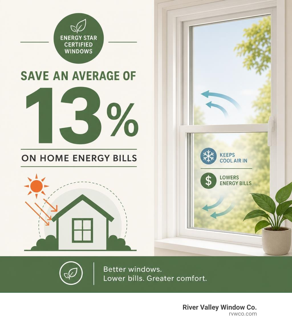 Stat showing that Energy Star certified windows save an average of 13 percent on home energy bills infographic Stat showing that Energy Star certified windows save an average of 13 percent on home energy bills infographic