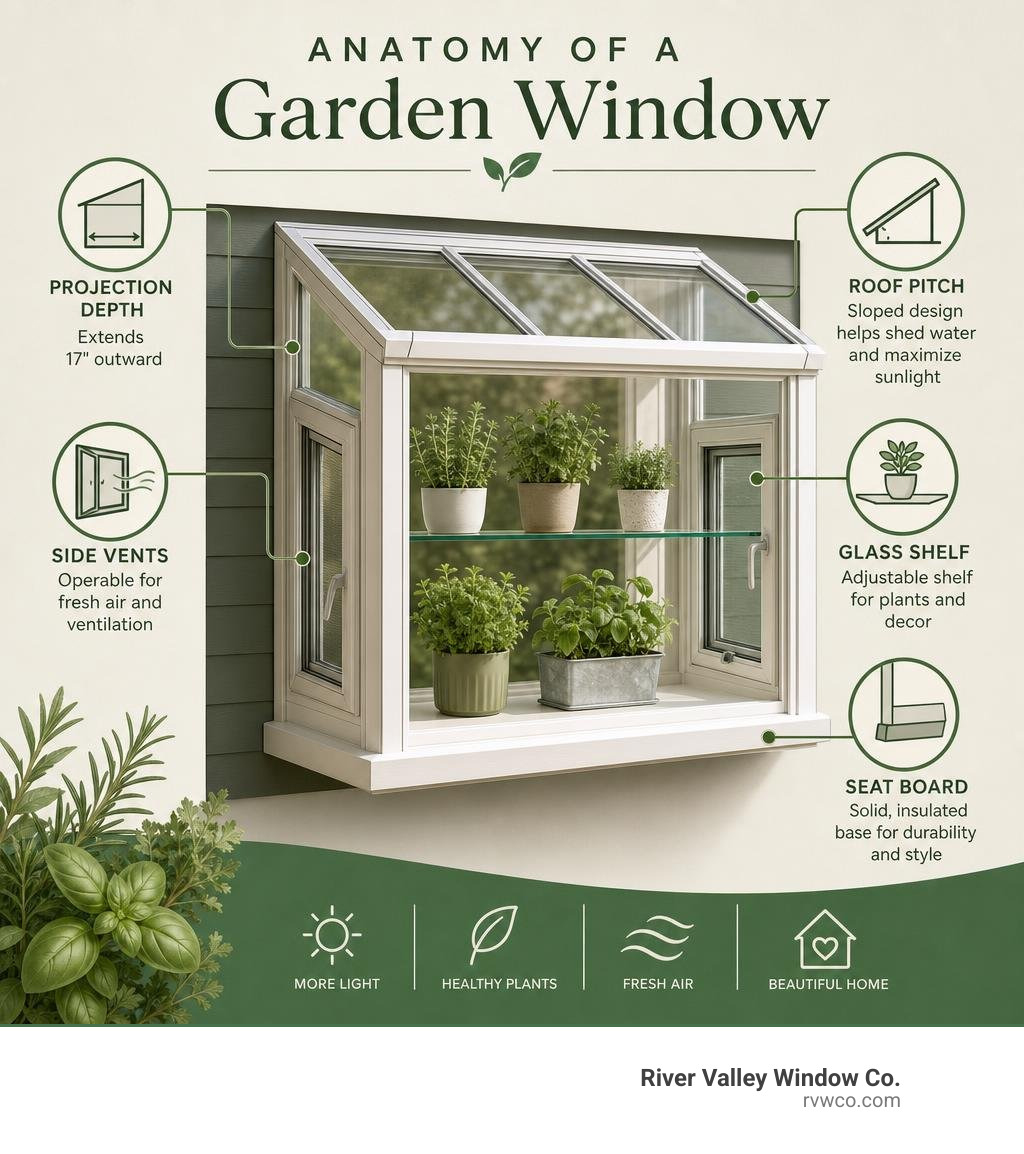 Anatomy of a garden window infographic showing projection depth, side vents, glass shelf, roof pitch, and seat board Anatomy of a garden window infographic showing projection depth, side vents, glass shelf, roof pitch, and seat board