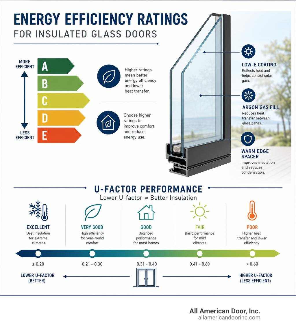 Infographic showing energy efficiency ratings and U-factor performance for insulated glass doors infographic Infographic showing energy efficiency ratings and U-factor performance for insulated glass doors infographic