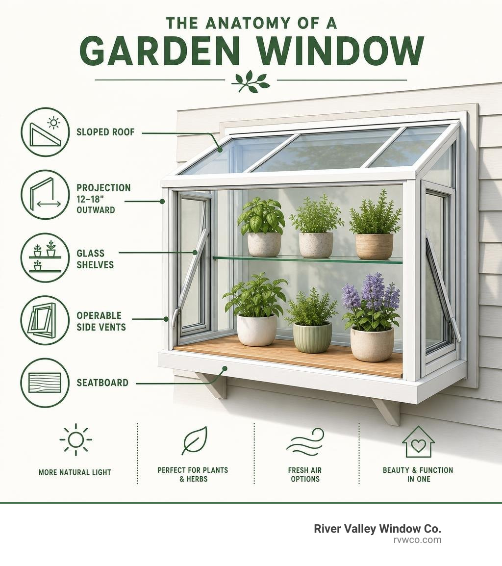 anatomy of a garden window showing projection, sloped roof, glass shelves, operable side vents, and seatboard infographic anatomy of a garden window showing projection, sloped roof, glass shelves, operable side vents, and seatboard infographic