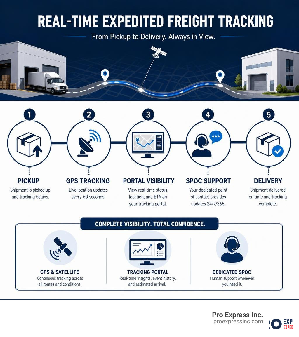 Flow of real-time expedited freight tracking from pickup to delivery with GPS, portal, and SPOC steps infographic Flow of real-time expedited freight tracking from pickup to delivery with GPS, portal, and SPOC steps infographic