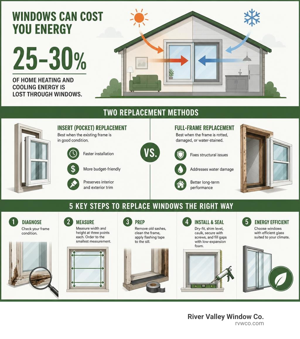 Infographic showing 25-30% energy loss through windows, insert vs full-frame methods, and key steps to replace windows Infographic showing 25-30% energy loss through windows, insert vs full-frame methods, and key steps to replace windows