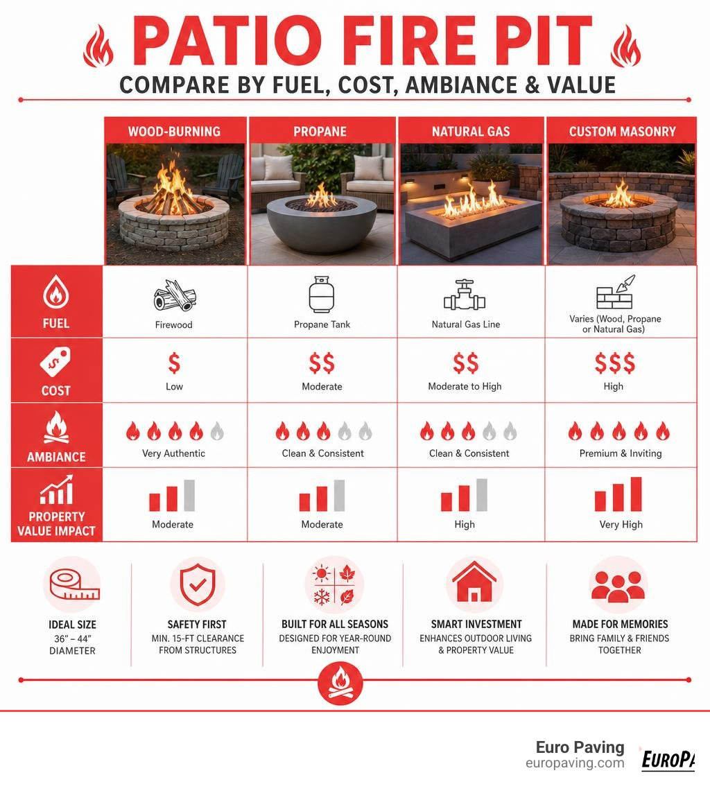 Infographic comparing patio fire pit types by fuel, cost, ambiance, and property value impact infographic