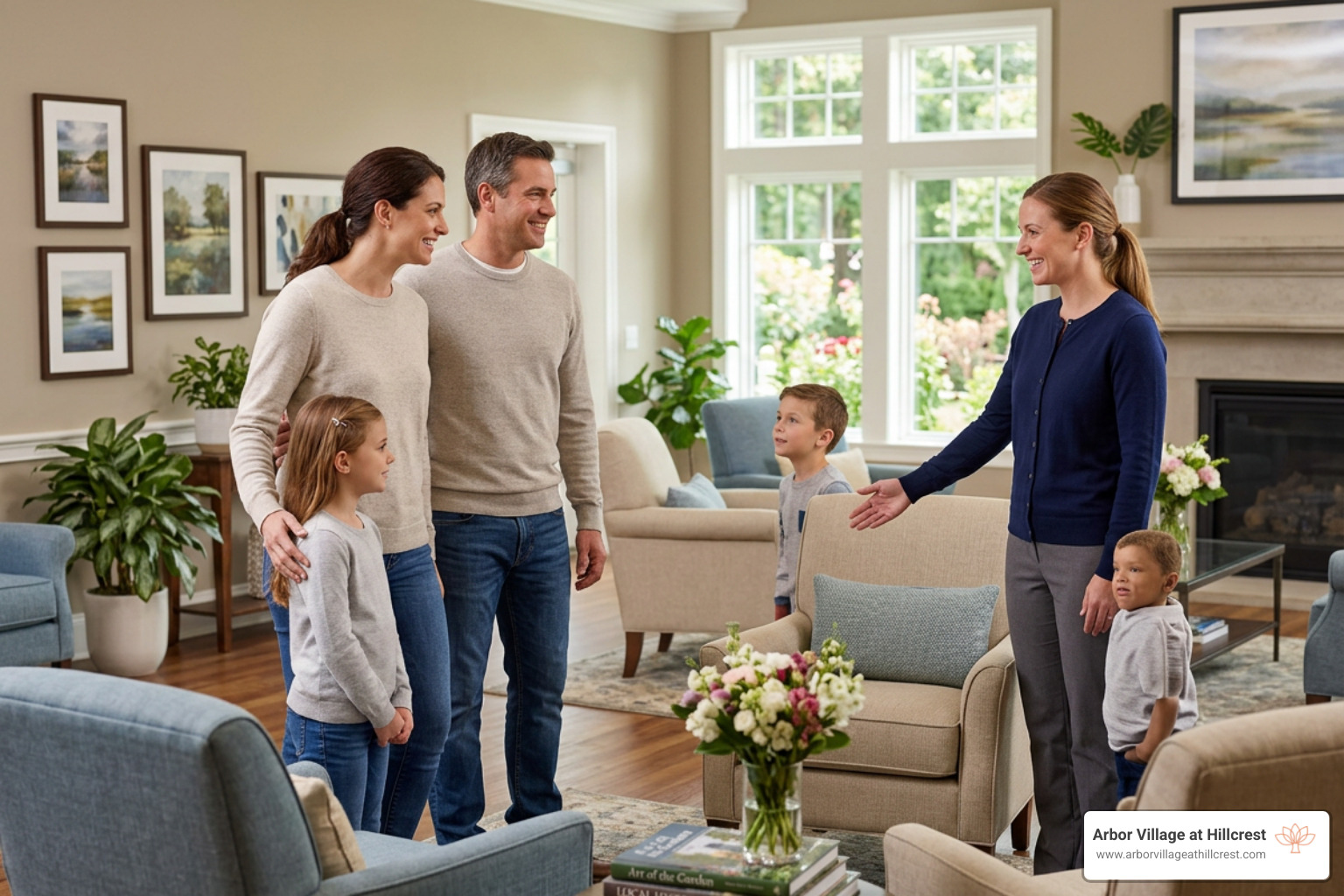 A family touring a warm and welcoming senior community, speaking with staff