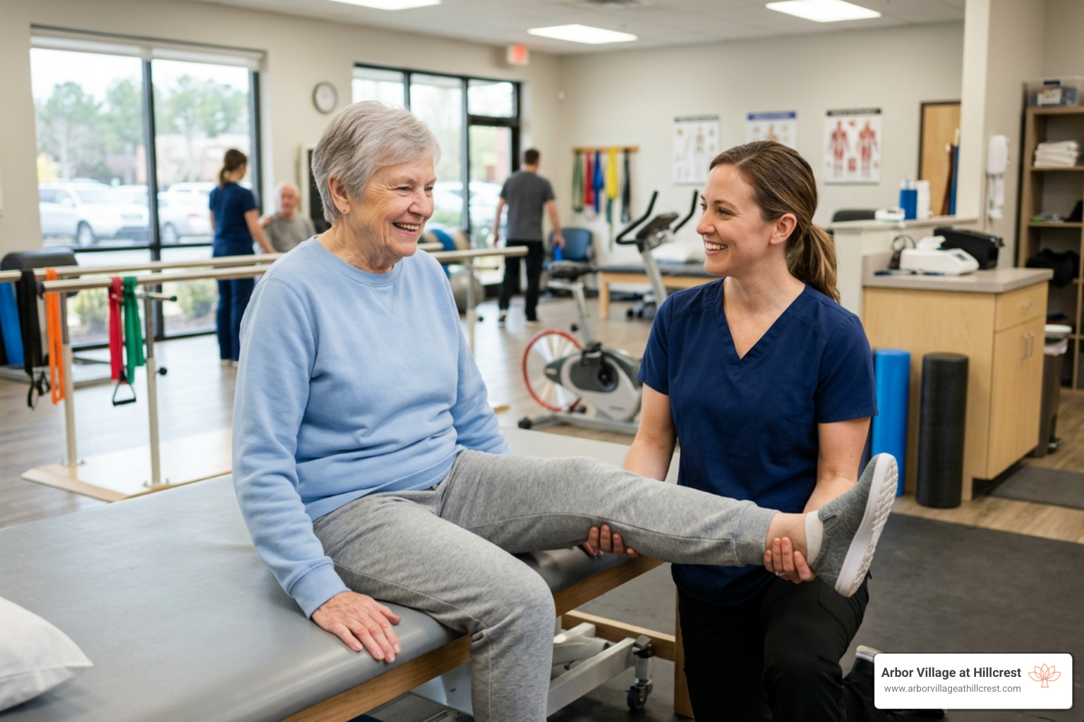 A senior receiving physical therapy and rehabilitation services from a supportive therapist