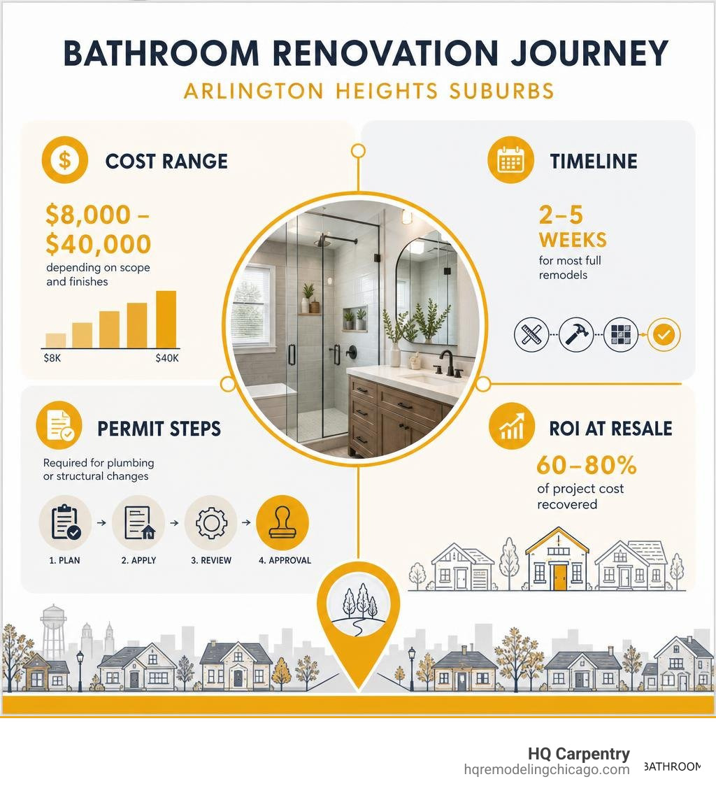 Bathroom renovation journey infographic: cost ranges, timeline, permit steps, and ROI for Arlington Heights suburbs Bathroom renovation journey infographic: cost ranges, timeline, permit steps, and ROI for Arlington Heights suburbs