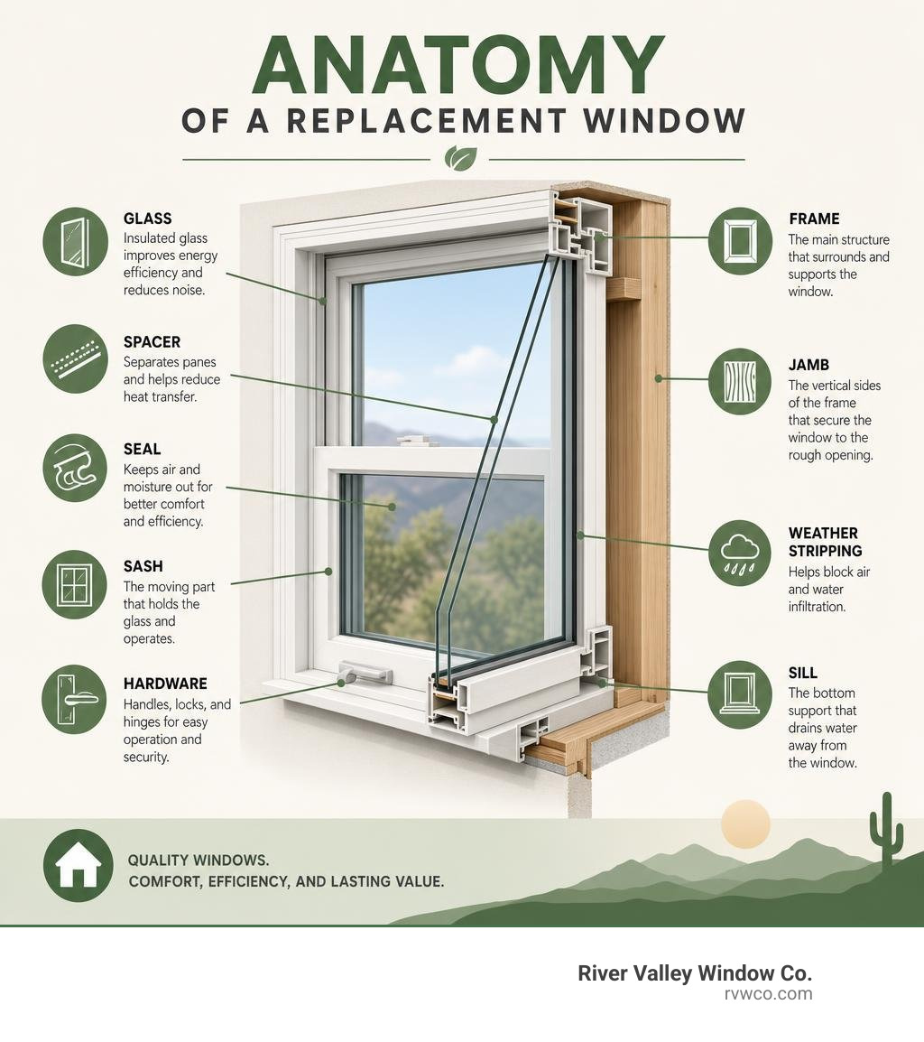 Anatomy of a replacement window labeled diagram infographic Anatomy of a replacement window labeled diagram infographic
