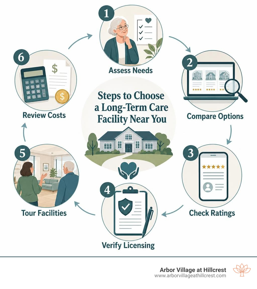 Steps to choose a long-term care facility near you: assess needs, compare options, check ratings, verify licensing, tour