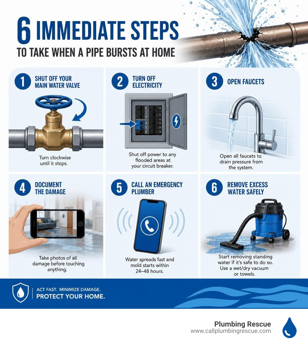 Infographic showing 6 immediate steps to take when a pipe bursts at home infographic