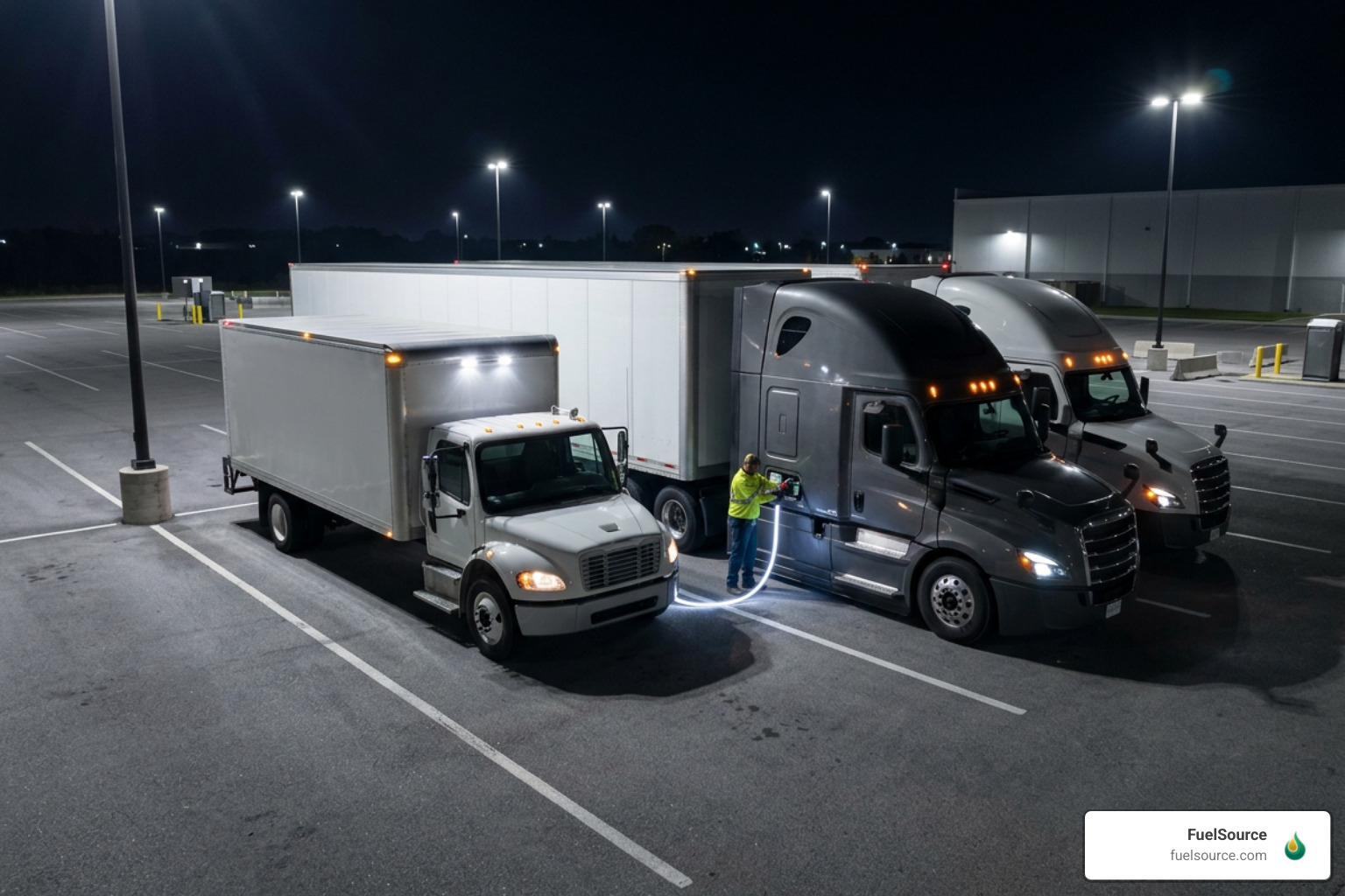 Mobile DEF delivery truck refilling a commercial fleet vehicle at night to eliminate driver downtime