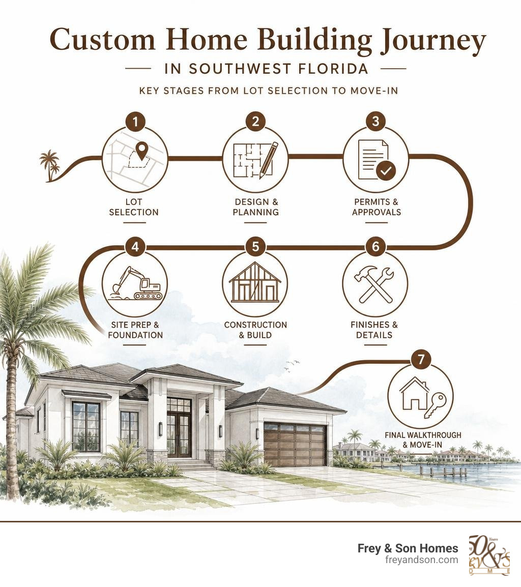 Custom home building journey in Southwest Florida — key stages from lot selection to move-in infographic