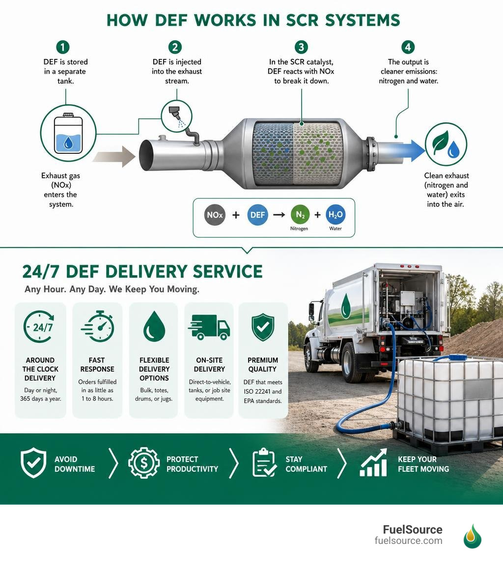 Infographic showing how DEF works in SCR systems and the key features of 24/7 DEF delivery service infographic