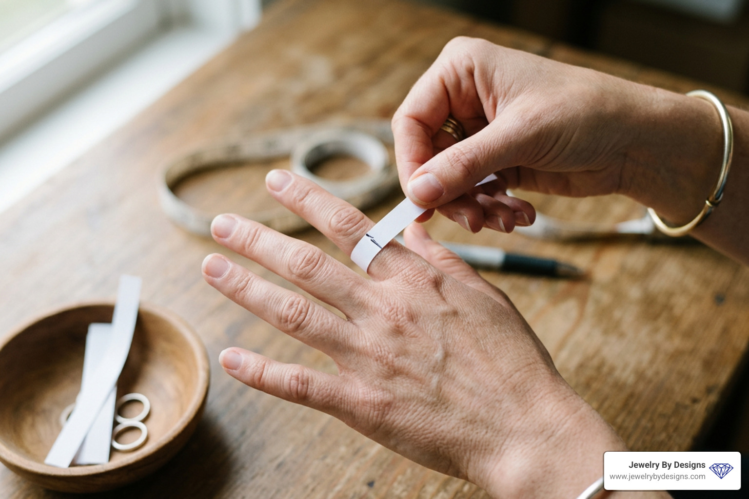 A paper strip wrapped around a finger to measure ring size