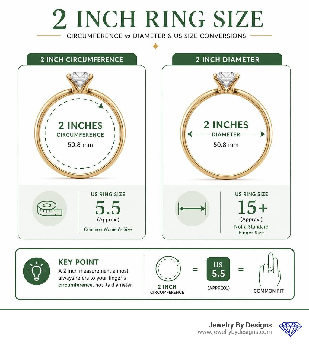 Infographic showing 2 inch ring circumference vs diameter with US size conversions infographic