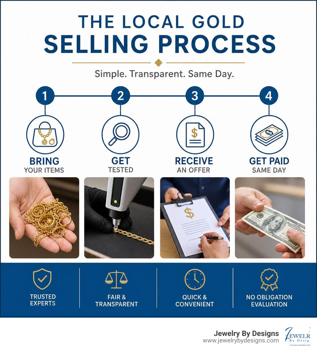 Infographic showing the local gold selling process: bring items, get tested, receive offer, get paid same day infographic Infographic showing the local gold selling process: bring items, get tested, receive offer, get paid same day infographic
