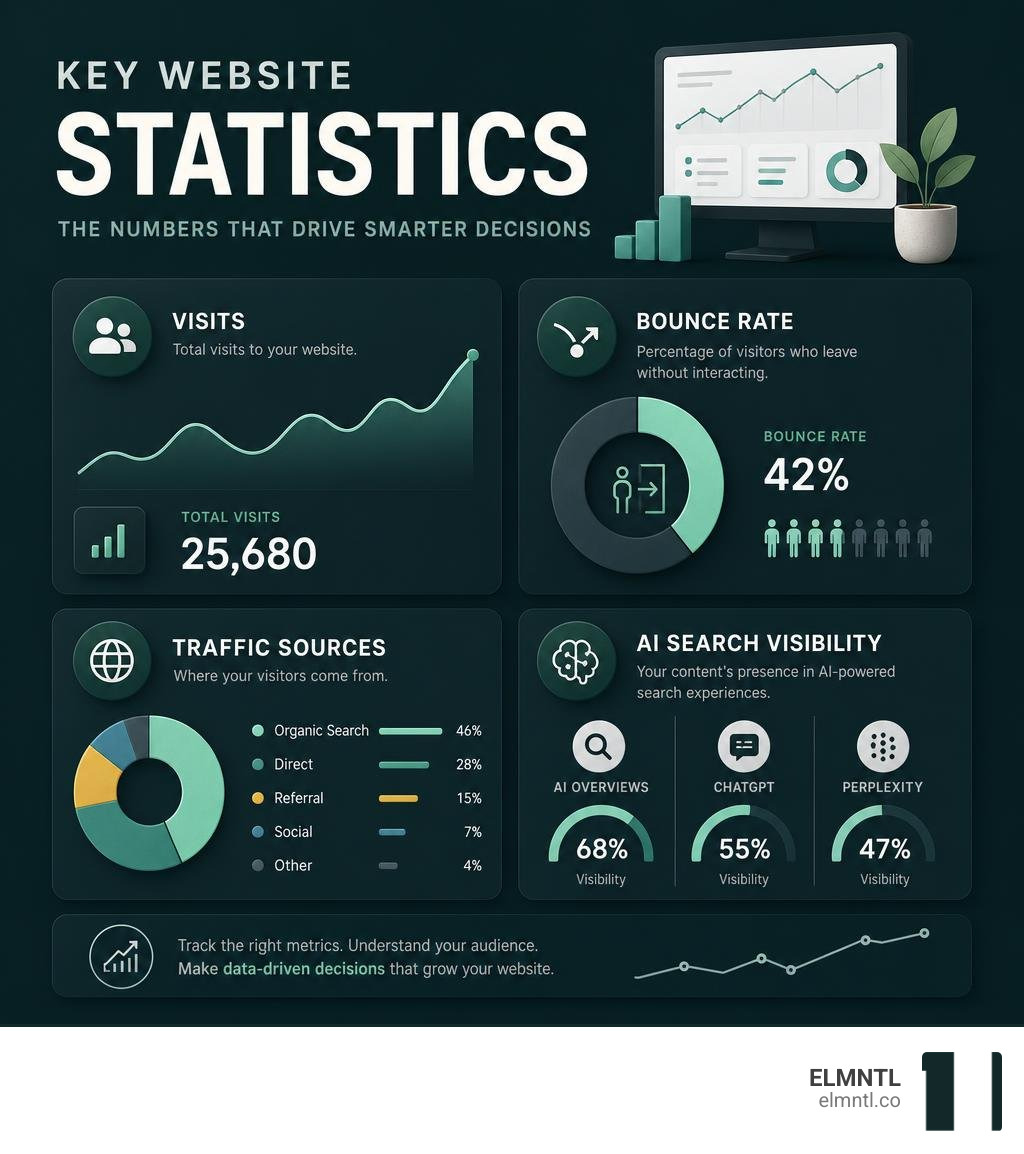 Infographic showing key website statistics metrics including visits, bounce rate, traffic sources, and AI search visibility