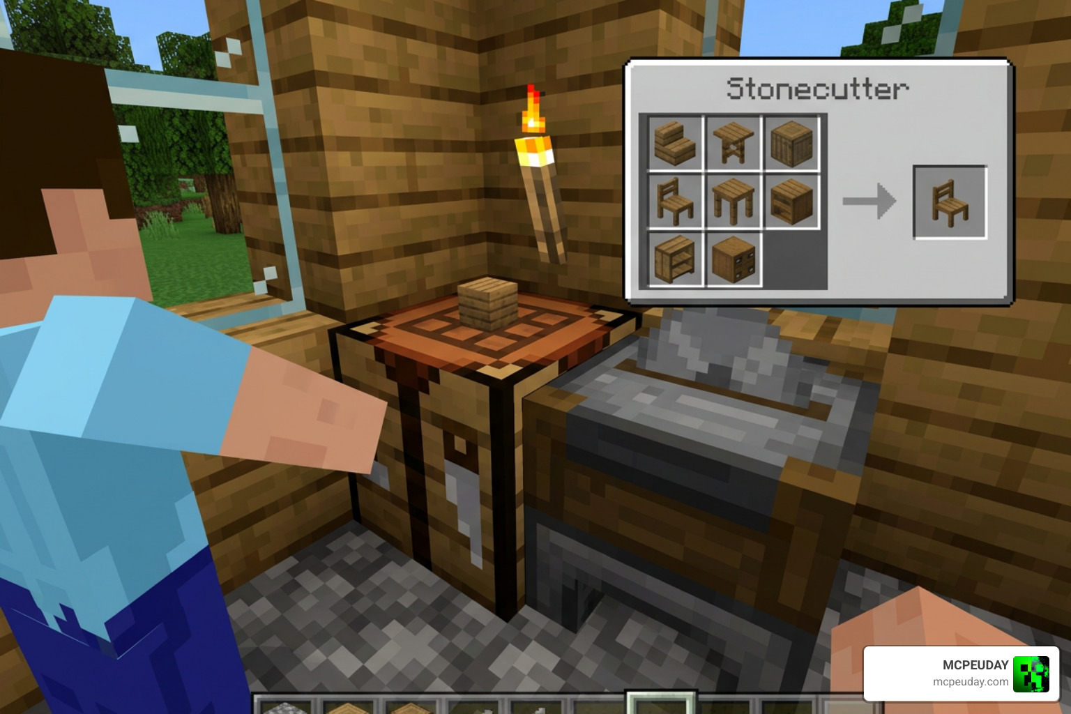 Crafting a furniture box and using a stonecutter in Minecraft Bedrock