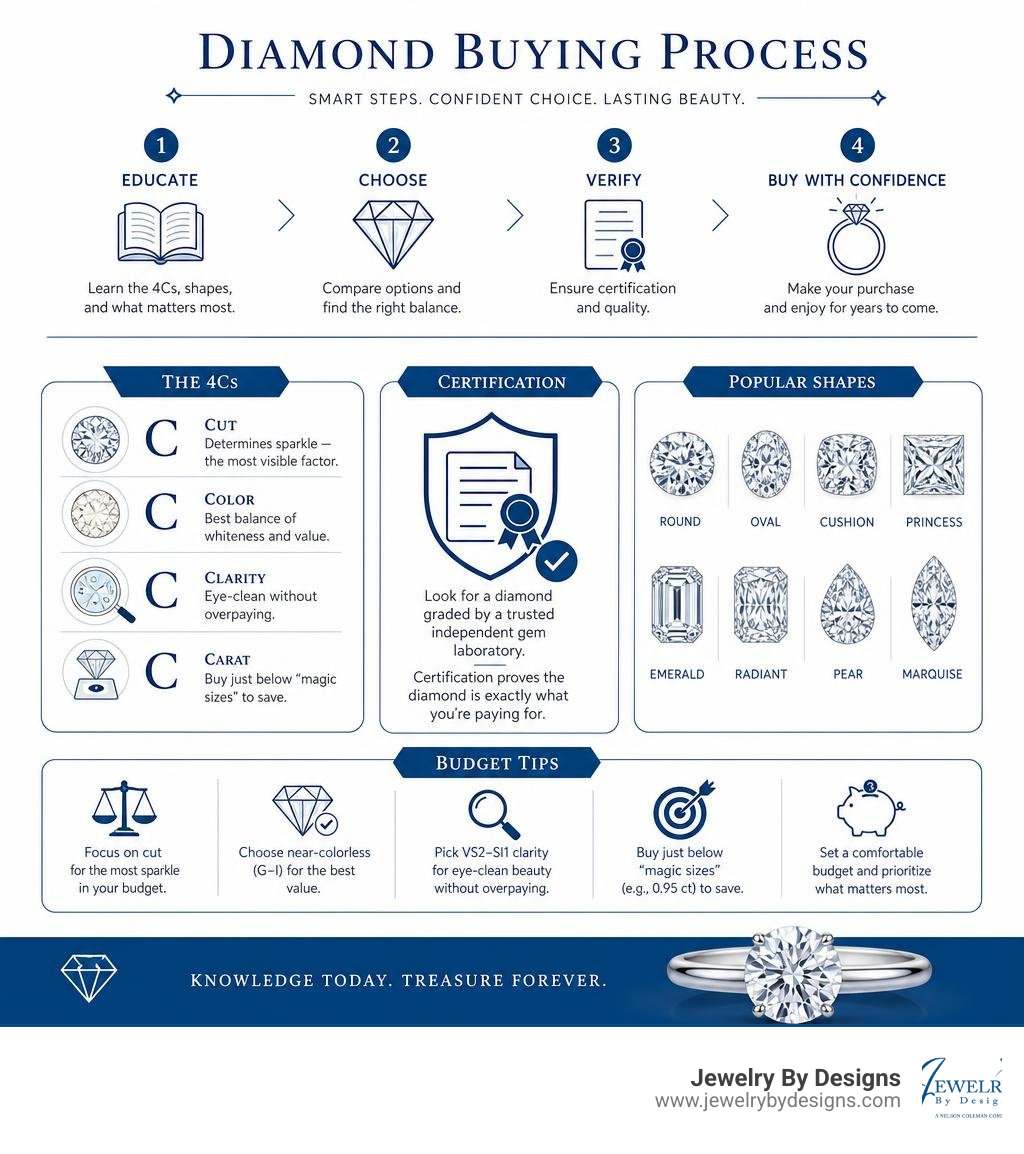 Diamond buying process infographic showing the 4Cs, certification, shapes, and budget tips infographic Diamond buying process infographic showing the 4Cs, certification, shapes, and budget tips infographic