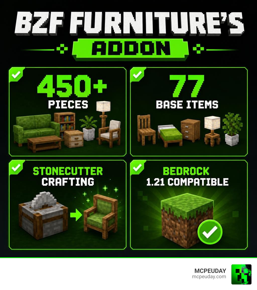Infographic showing BZF Furniture's Addon key facts: 450+ pieces, 77 base items, stonecutter crafting, Bedrock 1.21