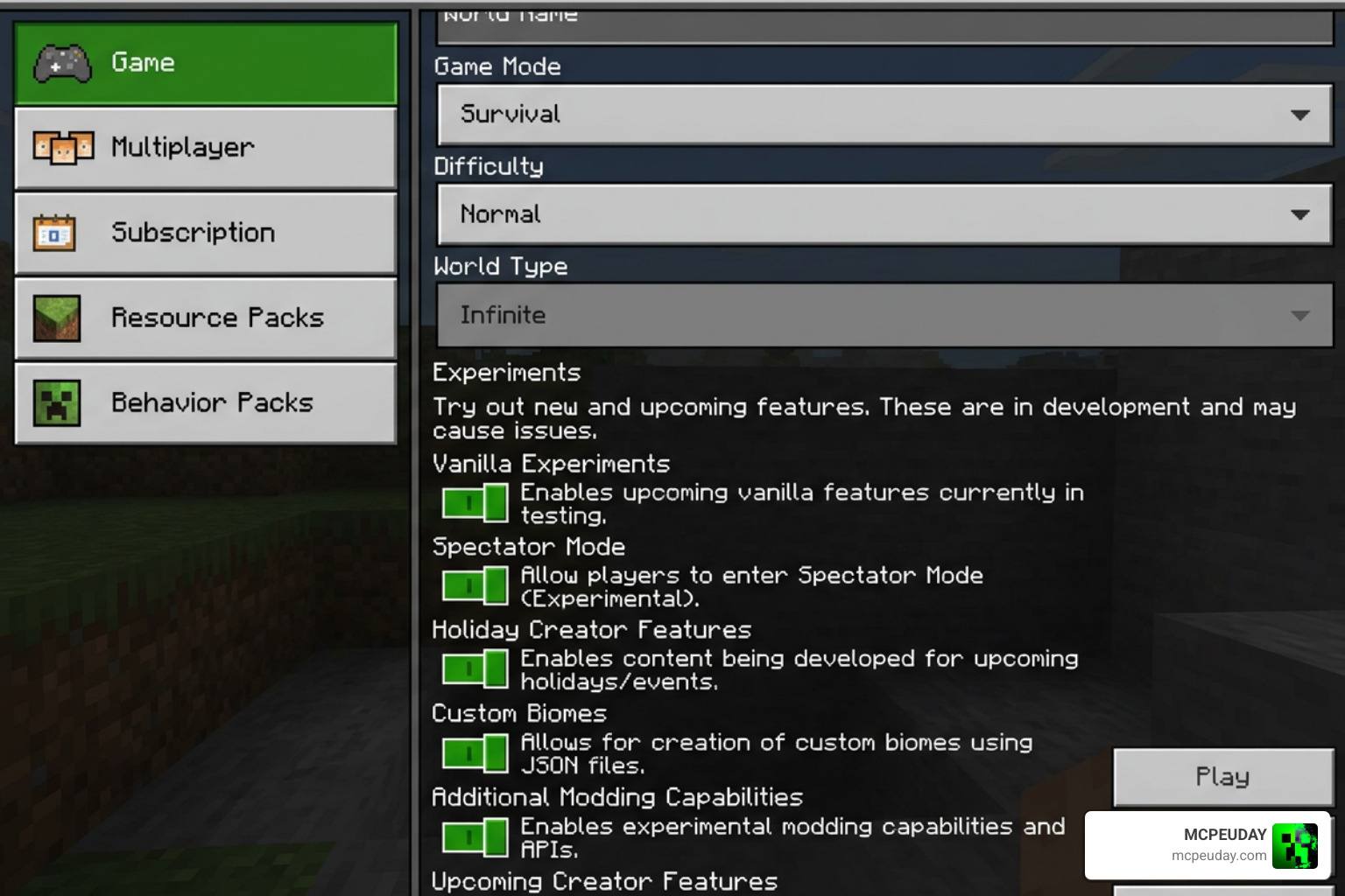 Minecraft experimental settings toggles for Bedrock Edition