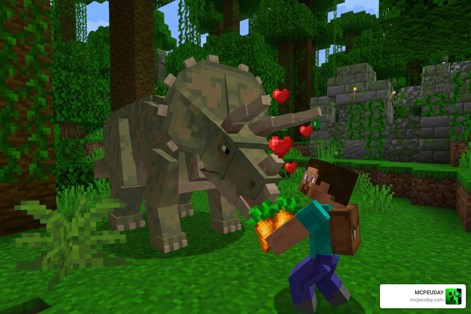 Taming a dinosaur in Minecraft Bedrock Edition